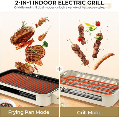 Pukomc Electric Indoor Grill,2 in 1 Indoor Grills for Kitchen | Smokeless Grill Net & Non-Stick Cooking Removable Plate,Temperature Control,Dishwasher Safe,1700W Beige
