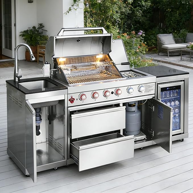 85" Modular Outdoor Kitchen Island with Grill and Side Burner, 4-Burner 71,500 BTU Propane BBQ Island, Refrigerator, Sink & Rotisserie, for Backyard and Patio Cooking, Silver