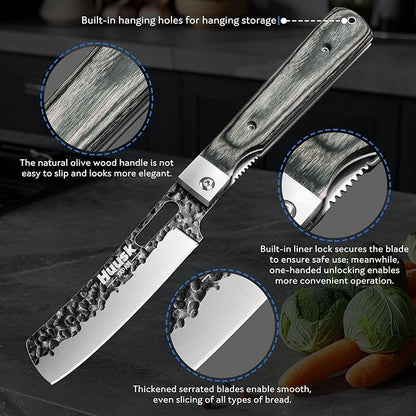 Huusk Japanese Folding Nakiri Knife - Pocket Vegetable Knife with Hand Forged Blade - Portable Kitchen Knives for BBQ, Camping and Travel - Gift for Men and Women
