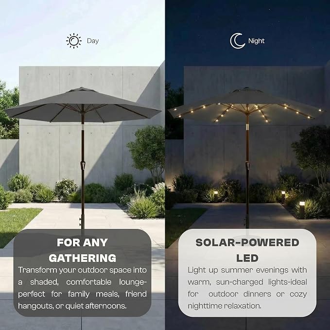 10FT Solar Lighted Patio Umbrella, Outdoor Table Market Umbrellas with Push Button Tilt and Crank, 32 LED Lights, 8 Sturdy Ribs, UV-Resistant for Deck, Garden, Pool