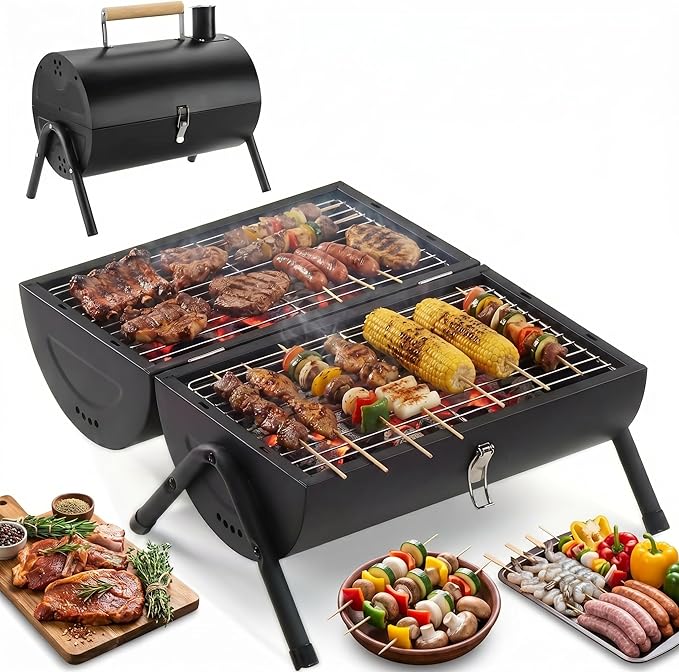 Portable Charcoal Grill, 22" x 17"Small Tabletop BBQ Grill,Dual-Zone Grilling,Heavy Duty Steel, Easy Assembly, Compact & Portable for Outdoor Camping,Picnic,Tailgate,Backyard Party