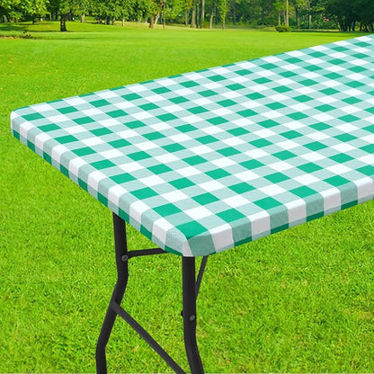 Smiry Rectangle Picnic Table Cloth, Elastic Waterproof Fitted Vinyl Tablecloths, Flannel Backed Buffalo Plaid Table Covers for Dining, Camping, Outdoor (White and Green, 30" x 48")