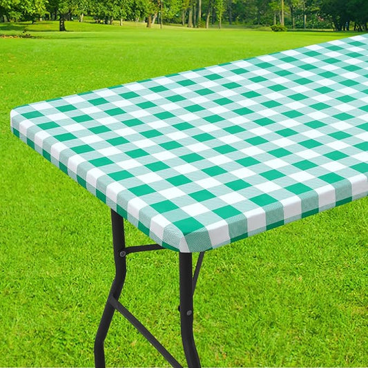 Smiry Rectangle Picnic Table Cloth, Elastic Waterproof Fitted Vinyl Tablecloths, Flannel Backed Buffalo Plaid Table Covers for Dining, Camping, Outdoor (White and Green, 24" x 48")