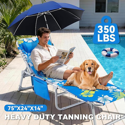 Luxfero 3-in-1 Beach Lounge Chair with Umbrella, Sun Tanning Chair with Face Hole&5-Position Recliner, Folding Lounge Chair Outdoor Lay Flat, Max 350lbs,Portable Tanning Chair with Pillow&Pocket-Blue