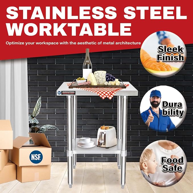 DuraSteel 24x24 Stainless Steel Prep Table - NSF Commercial Outdoor Grill Worktable - Metal Side Mixer Stand with Under Shelf - For Laundry Room, Kitchen, Small Spaces