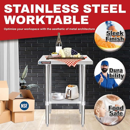 DuraSteel 24x24 Stainless Steel Prep Table - NSF Commercial Outdoor Grill Worktable - Metal Side Mixer Stand with Under Shelf - For Laundry Room, Kitchen, Small Spaces