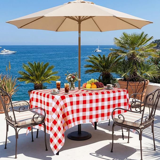Poise3EHome Rectangle Outdoor Tablecloth with Umbrella Hole and Zipper,Red and White Gingham 70x52 Inch, SpillProof Washable Table Cloth for Spring Summer Patio Garden Poolside Picnic Camping BBQS