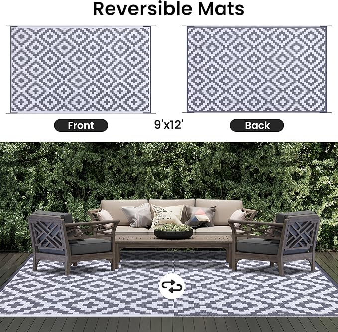 Smiry Outdoor Rug 9x12 ft Waterproof Reversible Boho Mat, White & Grey | Polypropylene Plastic Straw, Quick Drying, Lightweight Foldable, for Patio, Deck, RV Camping, Backyard and Indoor Outdoor Use
