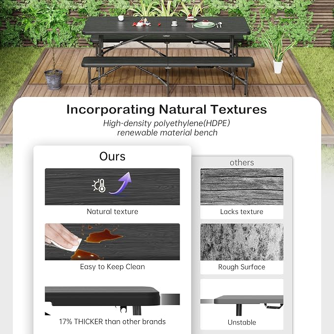 VSOAEIL 6 Foot Folding Picnic Table Set with 2 Benches, HDPE Tree Pattern Top, 3-Piece Portable Indoor Outdoor Furniture with Safety Locks & Handle for Party Camping, Black