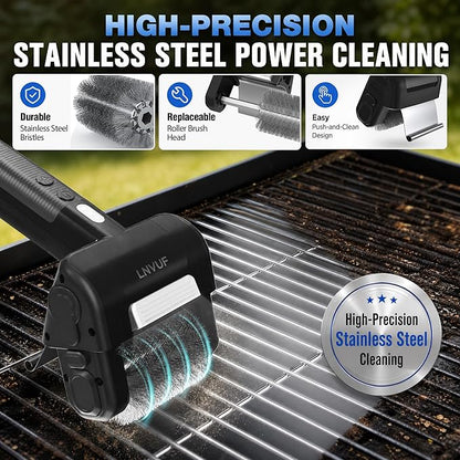 Electric Grill Brush, Grill Cleaner with LED Light, with 800 RPM Motor, 304 Removable Stainless Steel Brush Head, Cordless & Type-C Rechargeable for BBQ, Heavy Duty Grill Cleaning Tool (Grey Black)