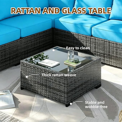 MOCHITO 5 Pieces Outdoor Patio Furniture Sets, All-Weather Sectional Sofa Grey PE Rattan Wicker Conversation Set with Glass Table and Washable Turkish Blue Cushions for Backyard,Sunroom,Garden,Porch