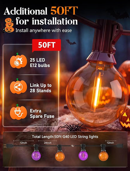50FT Halloween String Lights Outdoor - G40 Purple and Orange String Lights | 25 Shatterproof LED Bulbs, IP65 Waterproof Dimmable Connectable Globe String Lights for Patio Porch Yard Decor