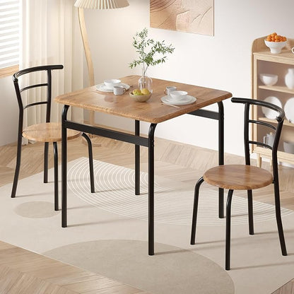 VECELO 3-Piece Dining Table Set for Kitchen Breakfast Nook, Wood Grain Square Tabletop and Metal Frame, for Small Spaces, Vintage Brown