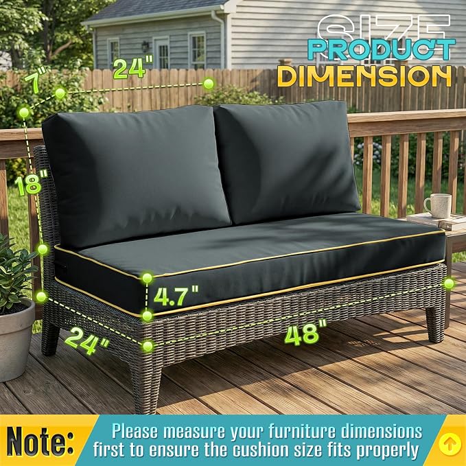 Outdoor Loveseat Cushion Set - High Back Deep Seat Patio Sofa & Back Pillows, Thick Comfort Foam 45x22 for Porch Deck Garden Furniture Replacement (Grey)