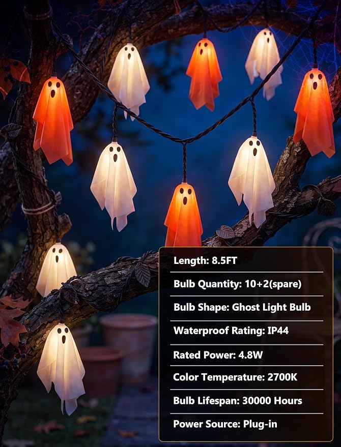 8.5Ft 10 LED Halloween Light Up Decoration Flying Ghost Lights Orange White | 4.8W 120V, Plug in End-to-End Connectable, Waterproof & Shatterproof, UL Listed for Yard Patio Party Porch Halloween Decor