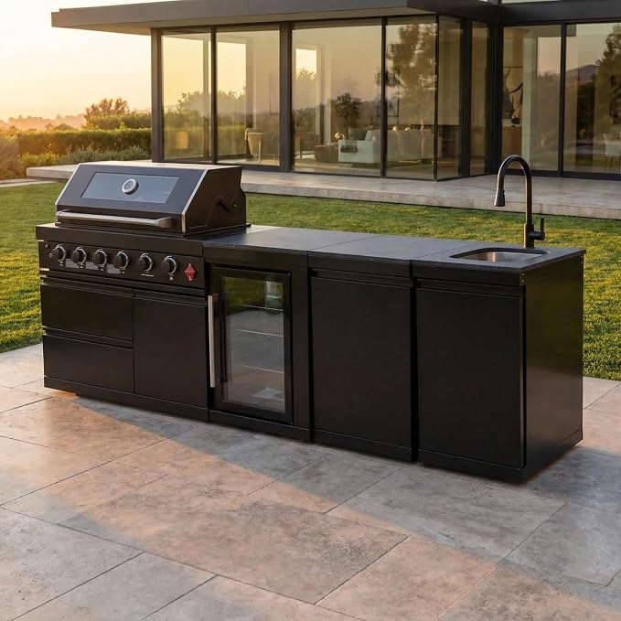 104 Inch Island Gas Grill,4-Burner Stainless Steel Gas Outdoor Kitchen Bar Barbecue Island Grill,Wine Cooler Compact Refrigerator,Marble Countertops,Stainless steel Sink