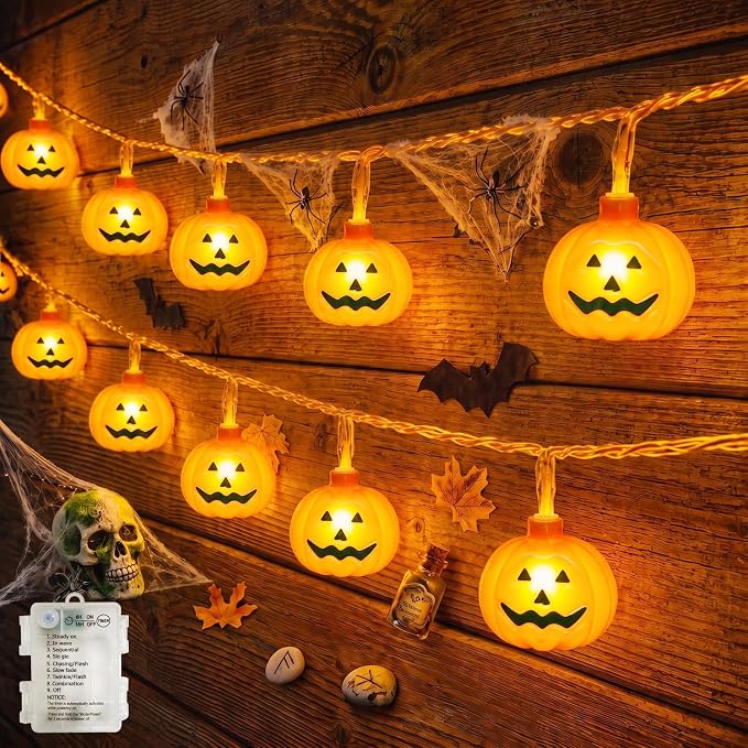 Halloween Lights Battery Operated, Pumpkin String Lights Outdoor | 10Ft, 20LED, Timer, 8 Modes, Clear Wire, 3D Plastic Pumpkin, Waterproof, Orange Cute Decor for Patio Yard Party Home