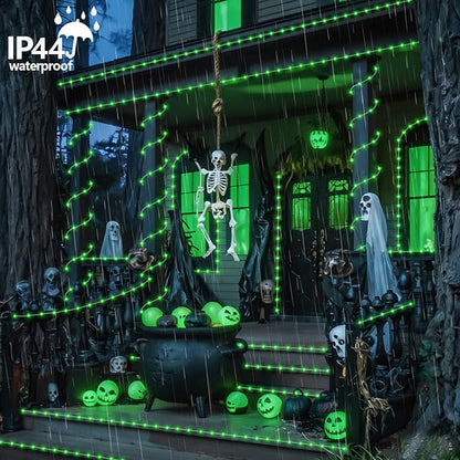 YEGUO Green Solar Halloween Lights, 66ft 200 LED Solar Rope Lights Outdoor Waterproof, 8 Modes Fairy Lights in Clear Thin Tube