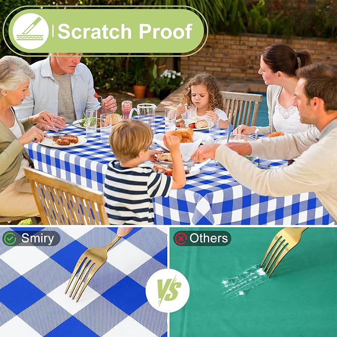 Smiry Picnic Table Cloth, Vinyl Tablecloths with Flannel Backing, 60"x60" | Waterproof Square Table Cloth, Wipeable Buffalo Plaid Table Cover for Indoor and Outdoor (Blue & White)