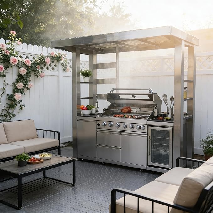 94-Inch 6-Burner 85000 BTU Stainless Steel Propane Gas Grill Outdoor Kitchen Island with Canopy,684Sq.In Cooking Area,Wine Cooler,Refrigerator,Rotisserie,For Backyard BBQ,Silver