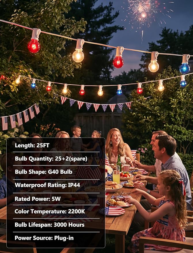 25Ft G40 Red White and Blue String Lights, 4th of July Decorations Lights Plug in with 27 5W Globe Light Bulbs, Waterproof Outdoor Patriotic Lights for Memorial Day Independence Day Home Patio Decor