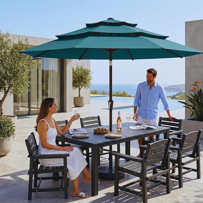 10ft 3 Tier Patio Umbrella, Outdoor Market Table Umbrella with UPF 50+ Vented Canopy, 8 Sturdy Ribs, Easy Push Button Tilt and Crank, Windproof for Deck, Pool, Backyard and Garden