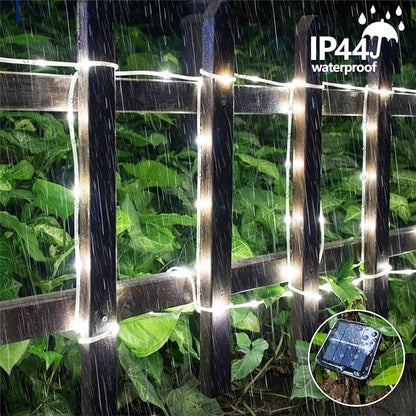 QITONG White Solar Rope Lights, 2 Pack Each 33ft 100 LED String Light Outdoor Waterproof, 8 Modes Fairy Lights in Clear Thin Tube