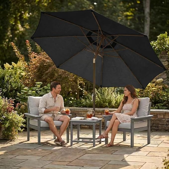 Kingdura 9FT Outdoor Patio Umbrella, Round Market Table Umbrella with Push‑Button Tilt and Crank Lift, 8 Sturdy Metal Ribs, UV50+ Protection Canopy for Backyard, Lawn, Deck, Poolside, Garden (Black)