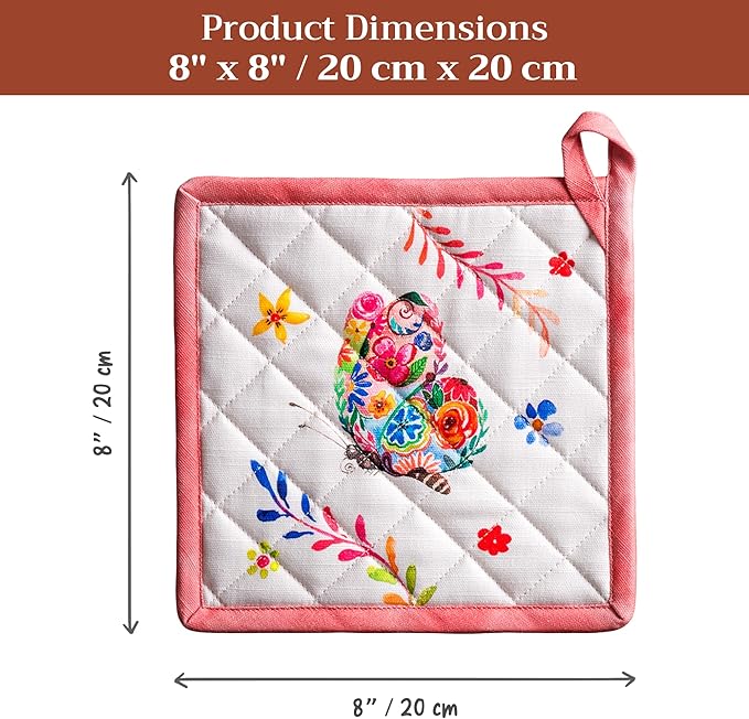 Maison d' Hermine Pot Holders 100% Cotton Heat Resistant Potholders 8" x 8" Hot Pads with Loop Baking Hotel Farmhouse Kitchen Handling Hot Pans Spring Summer (Pack of 2, Happy Florals - High Summer)