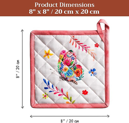 Maison d' Hermine Pot Holders 100% Cotton Heat Resistant Potholders 8" x 8" Hot Pads with Loop Baking Hotel Farmhouse Kitchen Handling Hot Pans Spring Summer (Pack of 1, Happy Florals - High Summer)