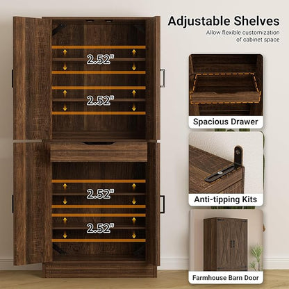 Unikito 71" Tall Kitchen Pantry Cabinet with Farmhouse Barn Doors and Storage Drawer, 8 Adjustable Shelves, Freestanding Cupboard for Dining Room, Living Room, Utility Room, Weathered Brown 2 Pack