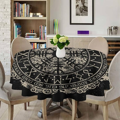 Vintage Viking Pattern Round Tablecloth, Viking Ancient Runic Helmet of Awe Celtic Dragon Table Cloth Water Resistant Table Cover for Farmhouse Party Holiday Kitchen Dinner Table 36"