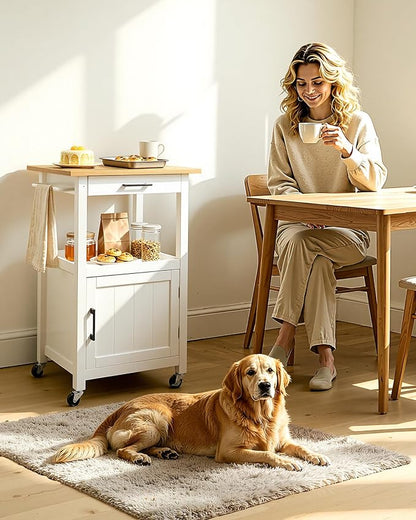 VEVOR Kitchen Island Cart with Single Door Cabinet, Mobile Carts with Drawer, Towel Rack, Hooks, Portable Table on Swivel Wheels, Small Coffee Islands Microwave Stand for Dining Room, 18x23 in, White
