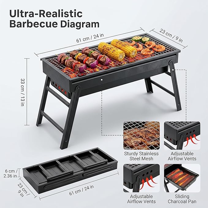 Portable Charcoal Grill, Portable Tabletop BBQ for Outdoor Cooking | Compact Folding Grill for Camping, Hiking, Picnics & Travel | 24”x13”x9” Lightweight Smoky Flavor Grill