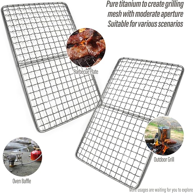 TiTo Titanium BBQ Net Grill Portable Ultralight Non-Stick Meat Grill Grate for Home Garden Outdoor Camping Picnic Hiking Charcoal Holder with Storage Bag (A)