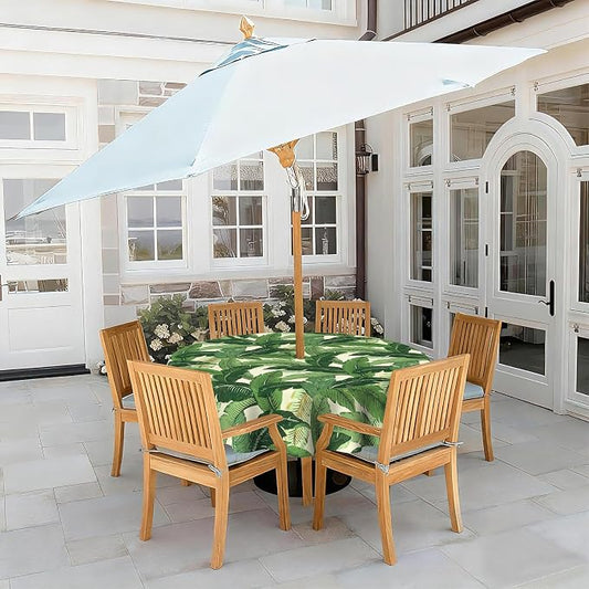 LVTXIII Round Outdoor Tablecloth with Umbrella Hole and Zipper, Water-Repellent 60 Inch Patio Table Cover for Bistro, Garden, Patio & Picnic, Swaying Palms Green