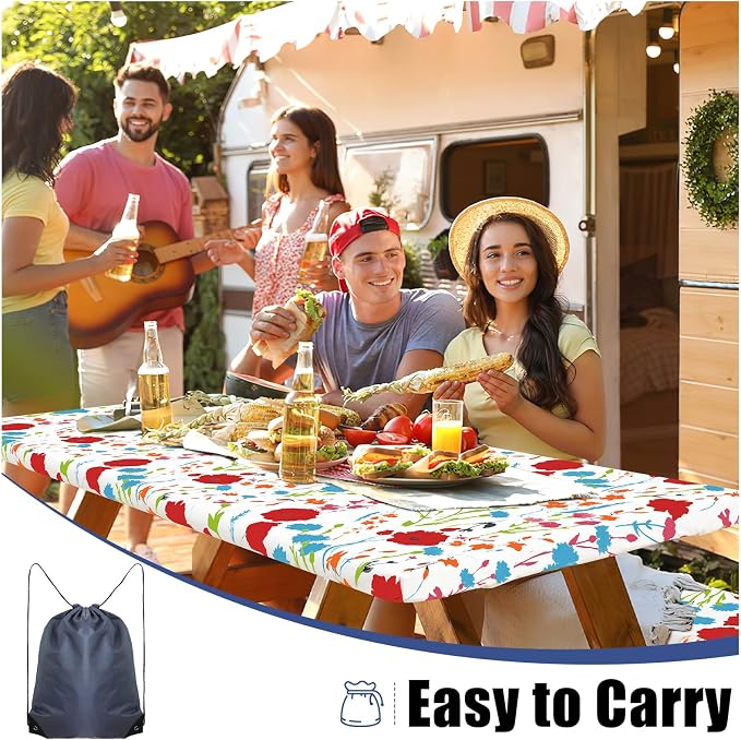 Smiry Picnic Table Cover with Bench Covers, Waterproof Elastic Fitted Tablecloth for 6 Foot Tables, Washable Polyester Tablecloths for Camping, Indoor & Outdoor (Flower, 30x72 Inch 3-pc Set)
