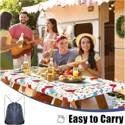 Smiry Picnic Table Cover with Bench Covers, Waterproof Elastic Fitted Tablecloth for 6 Foot Tables, Washable Polyester Tablecloths for Camping, Indoor & Outdoor (Flower, 30x72 Inch 3-pc Set)