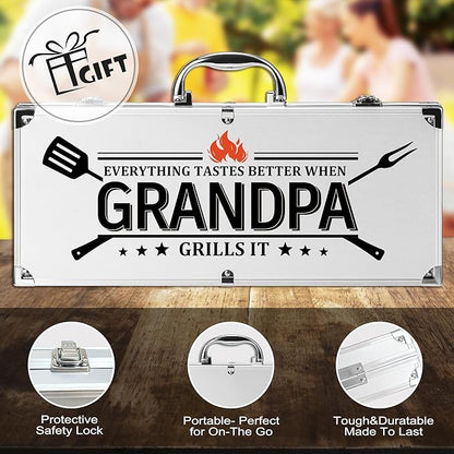 Grandpa Gifts, Fathers Day Grandpa Gifts from Grandkids Heavy Duty Grilling Accessories Kit for Backyard BBQ, Thick Stainless Steel Grill Utensils with Non-Slip Handle Tool on Birthday, Christmas