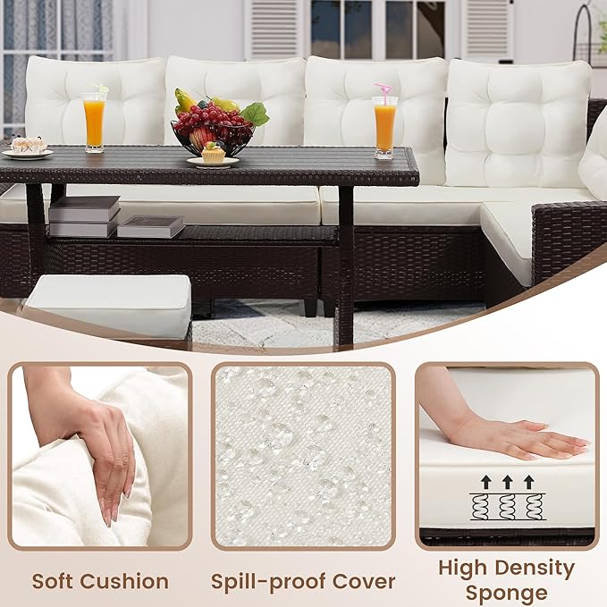 KROFEM 6-Piece Patio Furniture Set, Outdoor Sectional Sofa with Dining Table & Chairs, All-Weather Dining Set with Removable Cushion Covers, Ideal for Garden, Porch, Backyard, White