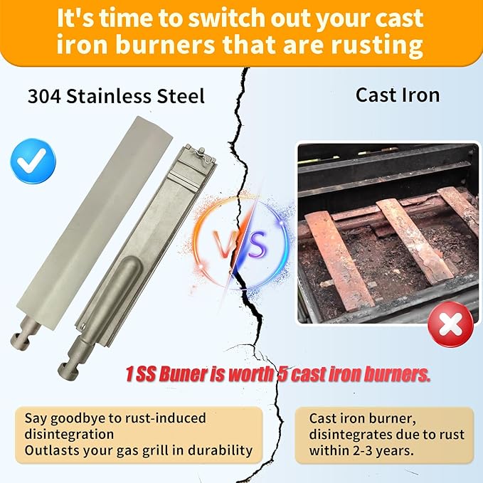 4-Set 15 3/4" Heavy Duty Cast 304 Stainless Steel Grill Burners for Bull, Premium Outdoor Bull BBQ Gas Grill Replacements Parts for Cal Flame P-Series, Aussie, Thermos, Turbo, Beefeater, etc