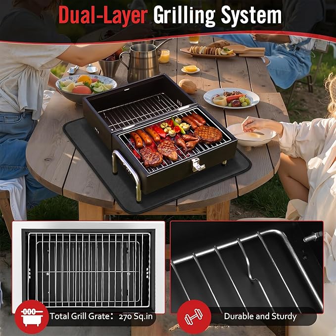 Portable Charcoal Grill with Heat Resistant Mat, 2 IN 1 Double-Sided Tabletop Small BBQ Grill for Backyard Party Outdoor Camping Beach BBQ, Easy Assembly, Heavy Duty, Black (270 Sq.In)