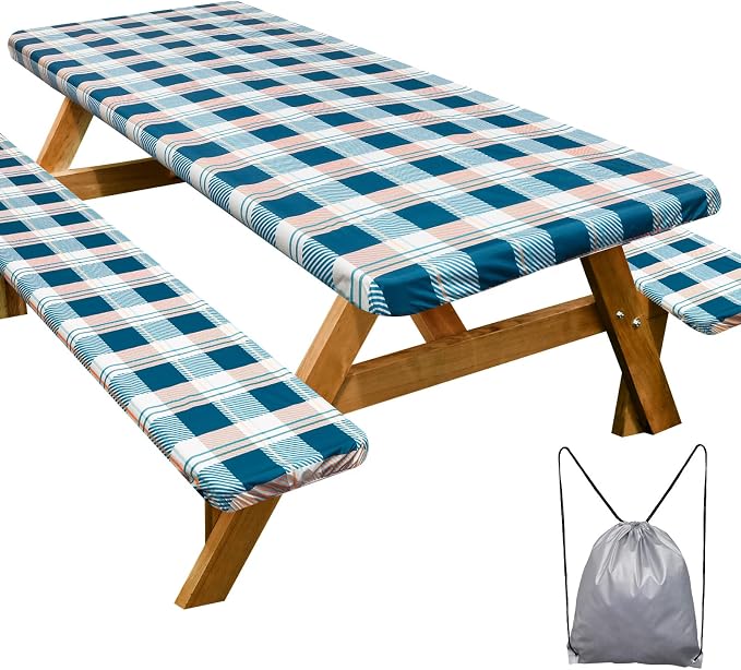 Picnic Table Cover Bench Covers Camping Essentials Tablecloth | Waterproof Vinyl for Outdoor, Windproof Elastic Fitted Edges, RV BBQ Accessories Must Haves, Storage Bag Included