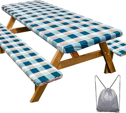 Picnic Table Cover Bench Covers Camping Essentials Tablecloth | Waterproof Vinyl for Outdoor, Windproof Elastic Fitted Edges, RV BBQ Accessories Must Haves, Storage Bag Included