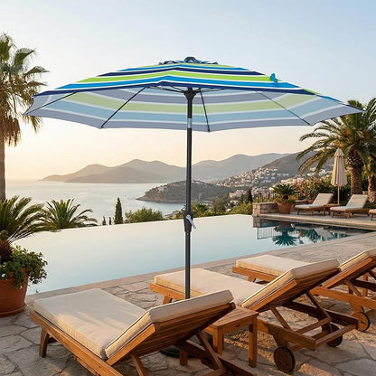 JEAREY 9FT Outdoor Patio Umbrella,Market Table Umbrella with 8 Fiberglass Ribs, Pool Umbrella with Tilt and Crank, UV Protection Lightweight & Wind-Resistant for Lawn, Garden, Deck and Backyard, Blue-Green Stripe