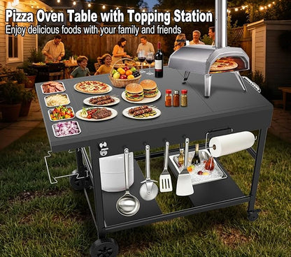 Pizza Oven Table with Topping Station, Outdoor Pizza Oven Cart, Grill Cart for Ninja, Cuisinart, Gozney, Movable BBQ Prep Table Station with Seasoning Tray for Patio, Kitchen, Backyard