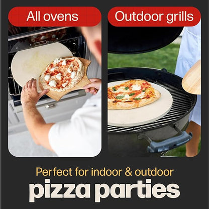 HANS GRILL PIZZA STONE | Circular Pizza Stone For Oven Baking & BBQ Grilling With Free Wooden Peel | Extra Large Round 15" Inches Diameter (38CM) Durable Cordierite Cooking Stone.