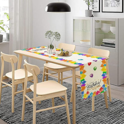 Happy Birthday Table Runner White Table Runner Balloon Confetti Pattern Celebrate Birthday Party Table for Outdoor Home Party 13x60 Inch