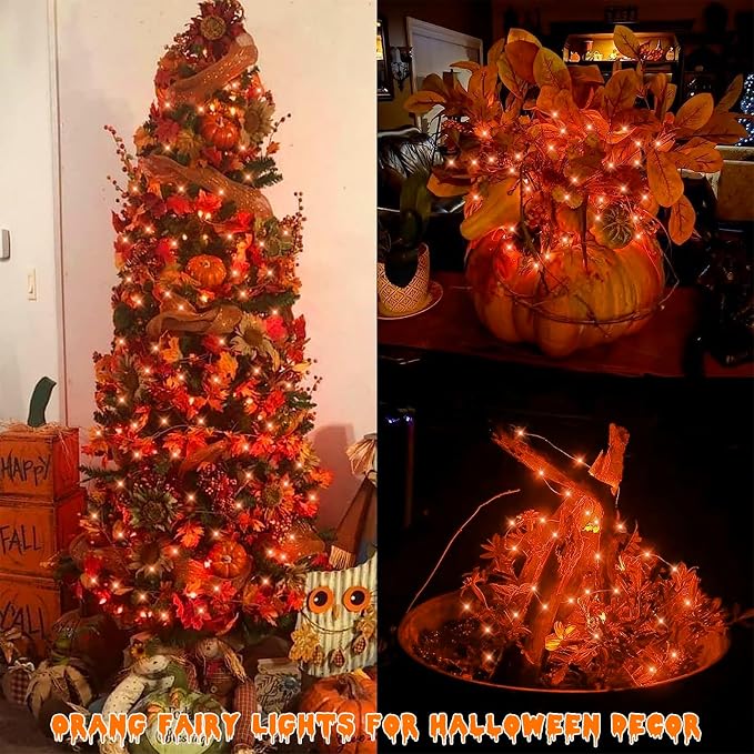 QITONG Solar Halloween Fairy Lights, 2 Pack Each 66ft 200 LED Orange Fairy Lights Outdoor with 8 Modes, Silver Wire Christmas Lights for Fall Thanksgiving Decor