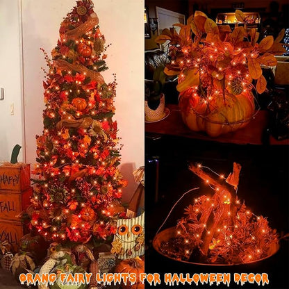 QITONG Solar Halloween Fairy Lights, 2 Pack Each 66ft 200 LED Orange Fairy Lights Outdoor with 8 Modes, Silver Wire Christmas Lights for Fall Thanksgiving Decor